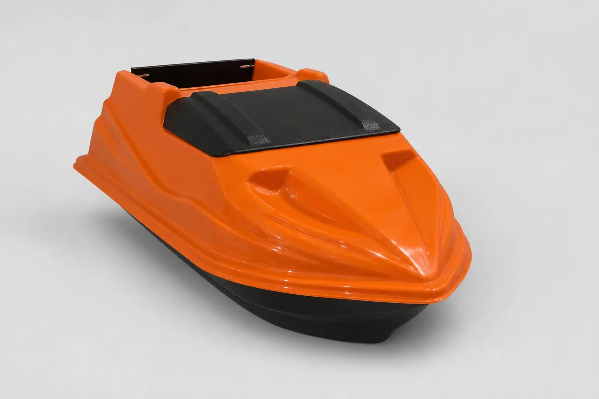 Pomarańczowy szeroki kadłub łodzi zanętowej, model 08